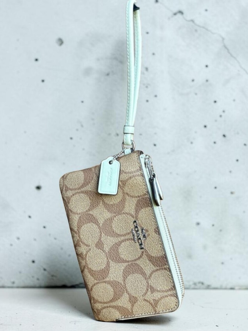 Coach Signature Canvas Wristlet in Khaki/Tan with White Trim